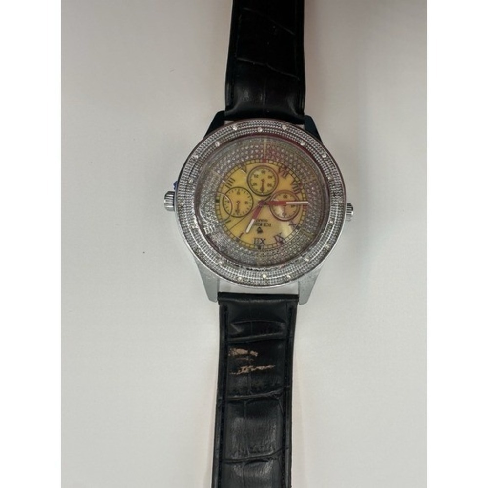 Ice King Mens Chronograph Watch Yellow Dial Silver Tone Bezel Black Strap